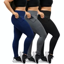 3 Calças Legging Feminina Com Bolso Grossa Academia Fitness