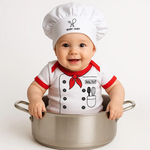 Body Bebê Cozinha Com Touca Baby Chef Fantasia Mesversário