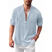 Camisa Henley De Algodón Y Lino Para Hombre, Estilo Hippie