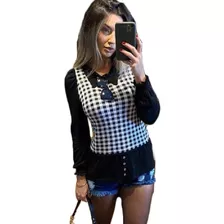 Blusa Tricot Modal Pied Poule Xadrez Golinha Detalhe Botão 