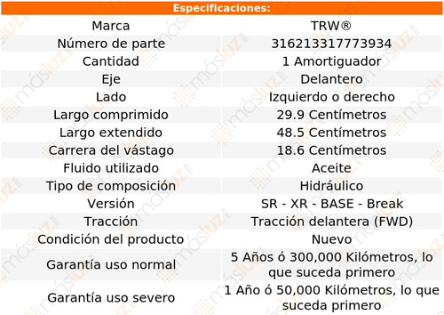 1- Amortiguador Hidrulico Delantero Izq/der 306 97/02 Trw Foto 2