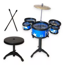 Bateria Infantil 5 Tambores C/baquetas E Banquinho Cor Azul