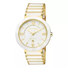 Relógio De Pulso Technos Ceramic 2015 Com Corpo Branco, Analógico, Para Feminino, Fundo Branco, Com Correia De Aço Cor Branco E Dourado, Agulhas Cor Dourado, Subdials De Cor Dourado, Bisel Cor Branc