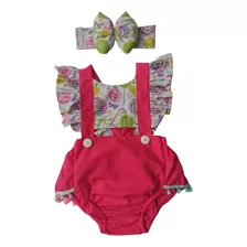 Jardineira Romper Body Bebê Doces Laço Tule Luxo Pompom