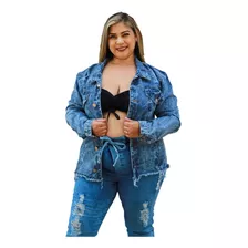 Jaqueta Plus Size Feminina Jeans Destroyed Detalhe Rasgado