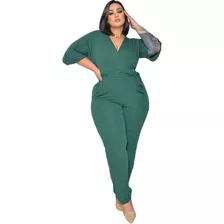 Macacão Longo Com Cinto Manga Curta Plus Size Moda Blogueira