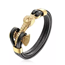 Pulsera De Cuero 100% Hombre Caballero Hacha Vikinga Dorada