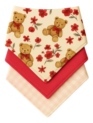 Kit Com 3 Babador Bandana Bebê Menina 100% Algodão Urso Pink
