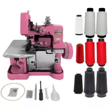 Máquina Costura Overlock Semi Industrial + Kit Linha E Fio Cor Rosa 110v