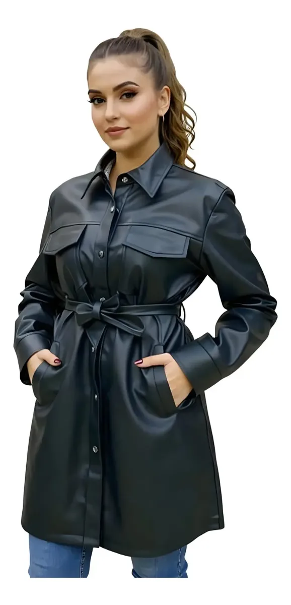Campera Camisaco Eco Cuero Vestido Camisero Cinto Importados Negro Eg