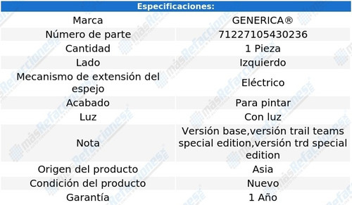 Espejo Izq Elect P/pintar C/luz Toyota Fj Cruiser 07-14 Foto 2