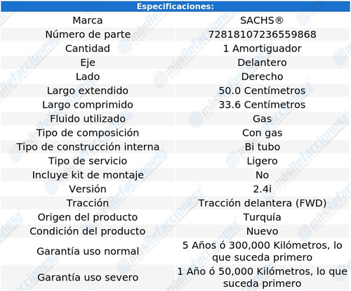 Amortiguador Gas Del Derecho V50 5 Cil 2.4l 08 Al 10 Sachs Foto 2