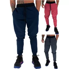 Kit 3 Calças Masculina Moletom Jogger Slim Swag Academia Fit