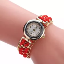 Relógio Feminino Vintage Pulseira Trançada Vermeho