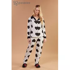 Pijama Feminino Aberto Botões Adulto Malha Frio Inverno 