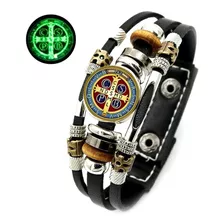 Pulsera Manilla Cuero Medalla San Benito Para Hombre Y Mujer