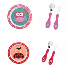 Kit Infantil Menina Prato Fundo C/ Talher Inox Rosa Ou Lilás