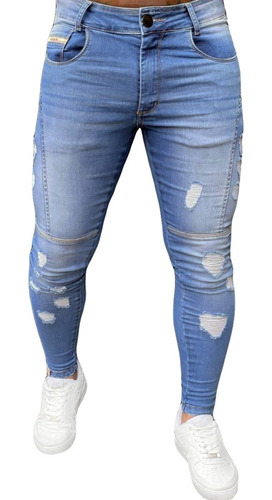 Calça Jeans Masculina Skinny Destroyed Com Detalhes Laterais