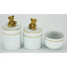 Kit Higiene Bebe 3p Molhadeira Filete Dourado C Urso Bolinha