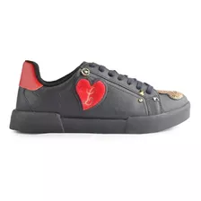 Zapatillas De Mujer Cuero Con Bordado Cuore Negro - Ferraro 