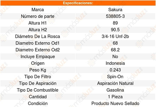 Filtro Aceite Nissan Tsuru L4 1.6l 09_17 Sakura 8638991 Foto 2