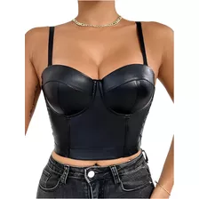 Blusa Curta Cropped Corset Top Couro Pu Lycra Bojo Alça