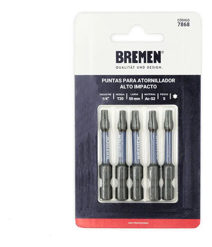 5 Puntas Torx T20 X 50mm 7868 Bremen Alto Impacto Imantadas