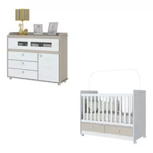 Kit Quarto Infantil Cama Berço Cômoda Madeira Branco Marrom