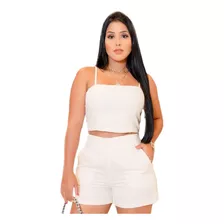 Conjunto 2 Peças Short E Cropped Em Linho Feminino Verão