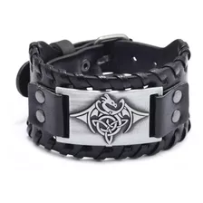 Pulsera Piel Metal Dragón Vikingo Brazalete Cuero Vintage