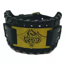 Pulseira De Couro Masculino Viking Com Dragão E Nó Celta