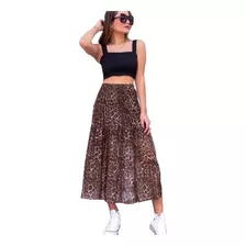 Saia Midi Feminina Estampada Onça Animal Print Tule Forro