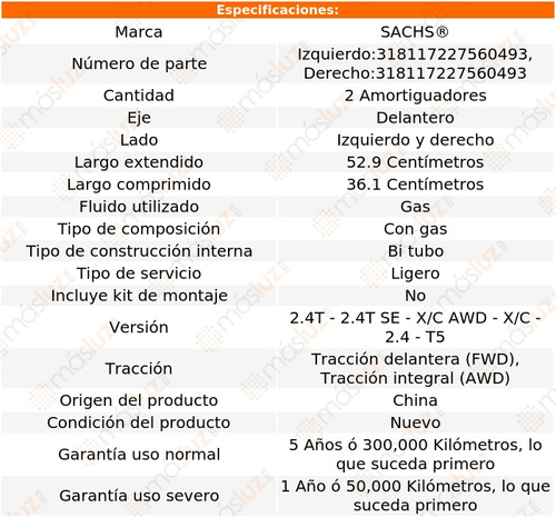 2- Amortiguadores Gas Delanteros V70 L5 2.4l 00/07 Sachs Foto 2