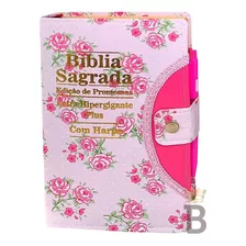 Biblia Sagrada Hipergigante Floral Rosa - Botão C/ Harpa