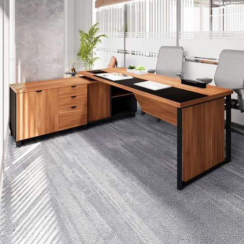 Mesa De Escritório Executiva 200cm Com Armário Jg Nogal/preto