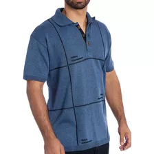 Camisa Polo Masculina Tricô - Quadro Links Azul- Dir.fábrica