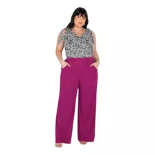 Calça Feminina Plus Size Pantalona Estampada Cintura Alta 