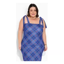 Vestido Com Amarração Xadrez Azul Plus Size