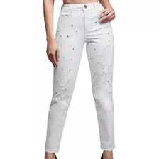 Jeans Rasgados Blancos Mom Fit Con Pedrería De Mujer M9278