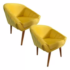 Kit Duas Poltronas Giovana Em Sued Premium Sala Consultório Cor Amarelo Pés Madeira Claro Desenho Do Tecido Big Freshness