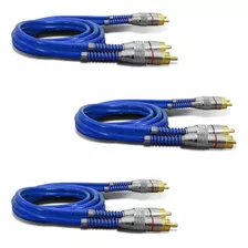 Kit 3 Cabos Rca 1 Metro Dupla Blindagem 1m 5mm Azul Som