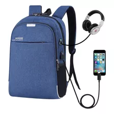 Mochila Anti Furto Notebook Saida Cabo Aux Usb Fone Ouvido Cor Azul