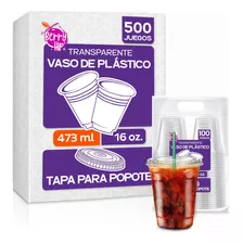 500 Vasos Desechables De Plástico Con Tapa Para Popote 16 Oz Color Transparente