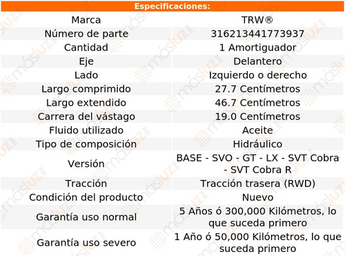 (1) Amortiguador Hid Del Izq/der Ford Mustang 79/94 Trw Foto 2