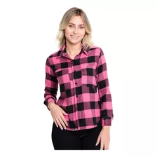 Camisa Xadrez Feminina Rosa Flanelada Feminino Manga Longa