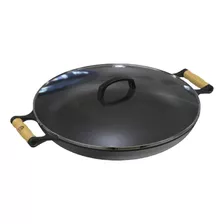 Panela Frigideira Paella De Ferro Fundido 40cm Com Tampa Cor Preto