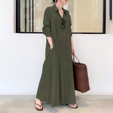 Vestidos Largos Mujer Camisa Solapa Manga Larga Color Sólido