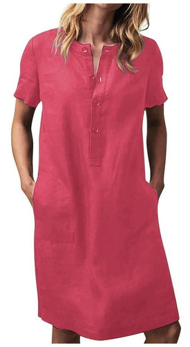 Vestido Mujer Patchwork 12 Manga Algodón Lino Suelto 9053 Vestido Mujer Patchwork 12 Manga Algodón Lino Suelto 9053