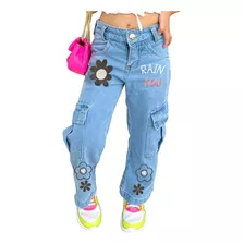 Calça Cargo Jeans Skatista Feminina Infantil E Juvenil Bolso