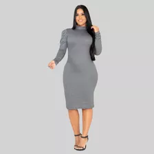 Vestido Midi Gola Alta Manga Comprida Canelado